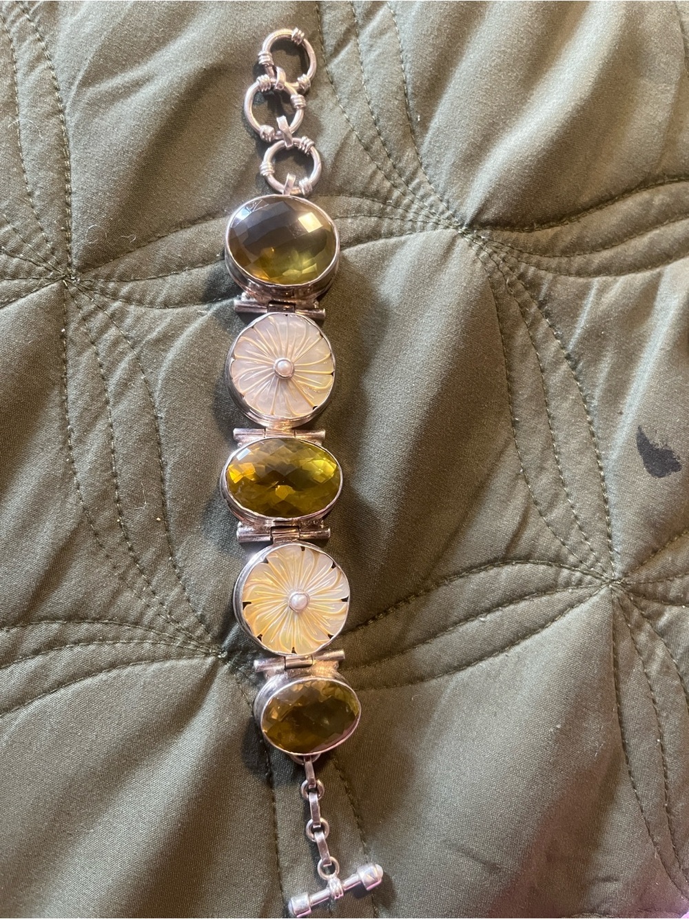 Silver Bracelet with Olive Green Gemstones and Floral Discs